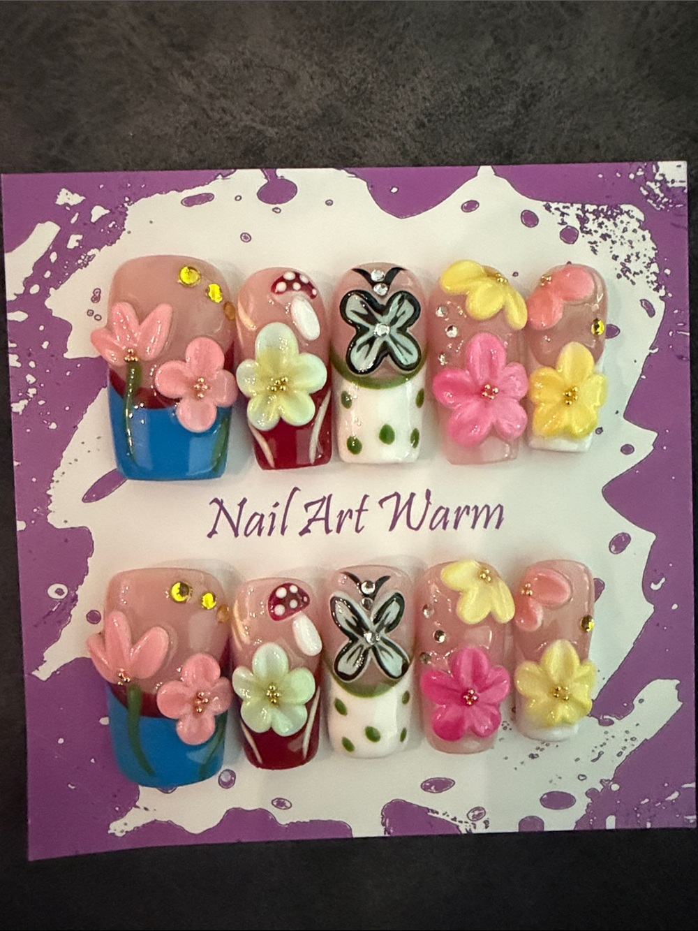 3D Floral handmade acrylic Press-On Nail Set in Pink, Yellow, Blue & White